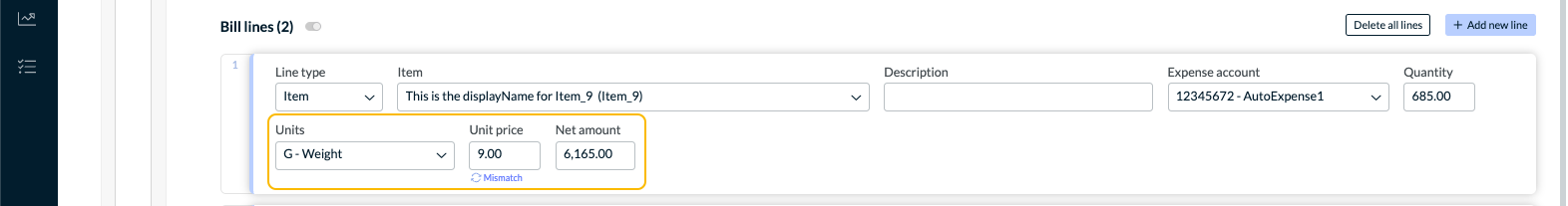 Units is a dropdown on the left, Unit price and Net amount are regular fields next to it.