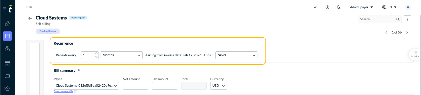 Recurrence options at the top of the bill