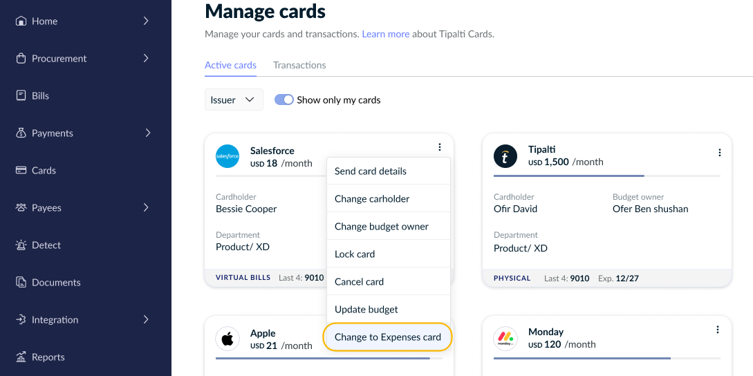 Change card type menu