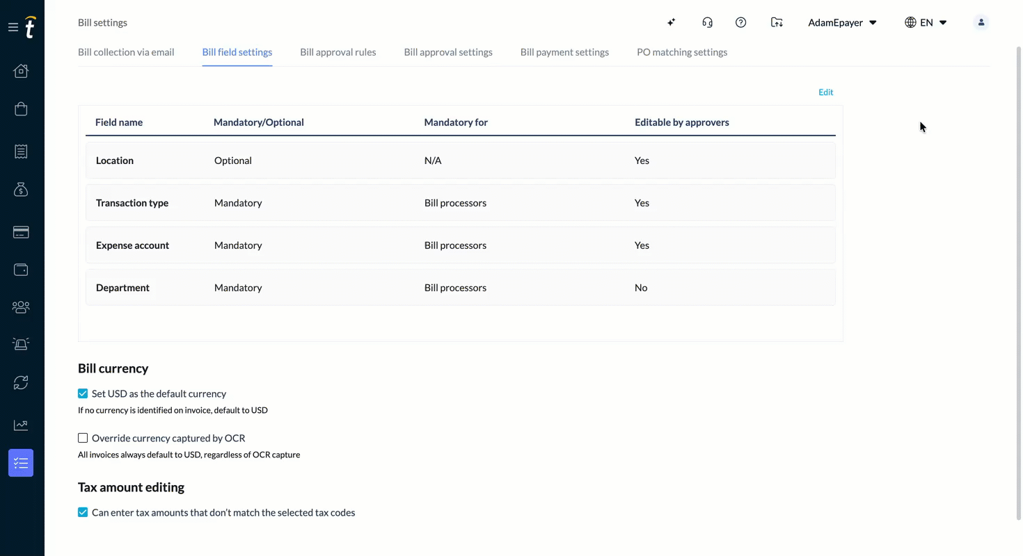 Edit is in the top right of the table and each field has dropdowns where you can change their settings.