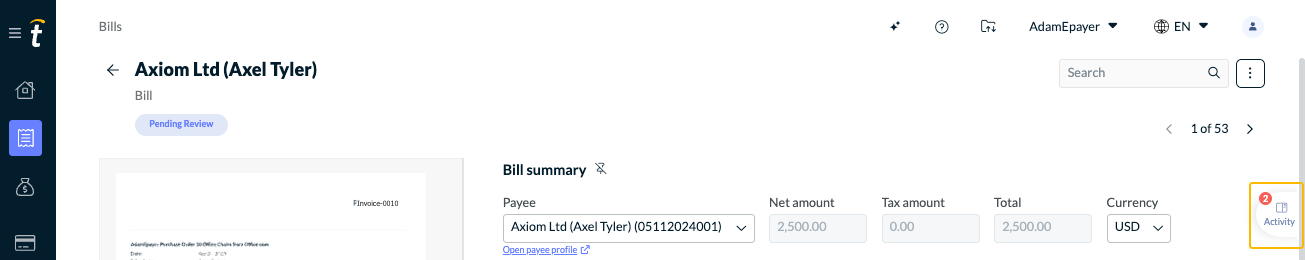 Activity tab is on the right where the Bill summary is.