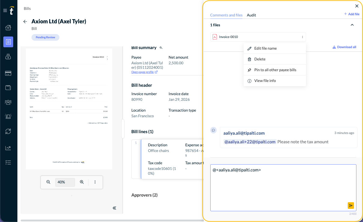 Activity panel opens on the right with the Comments and files, and Audit tab at the top, extending your workspace.