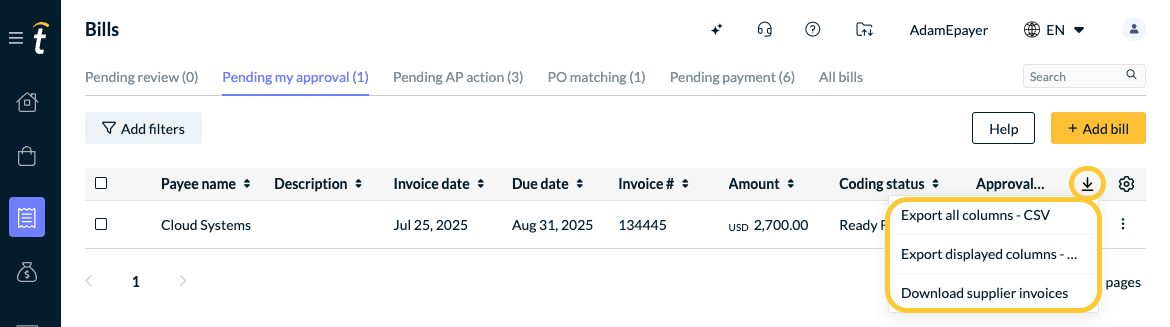 Download options menu from the Bills list