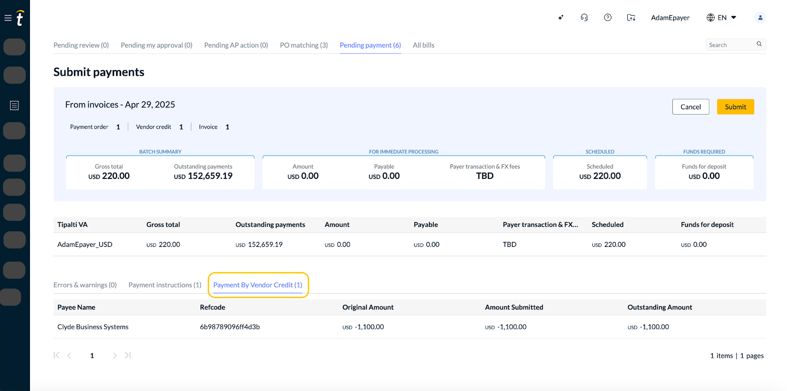 Payment screen showing vendor credit applied to reduce the payment total