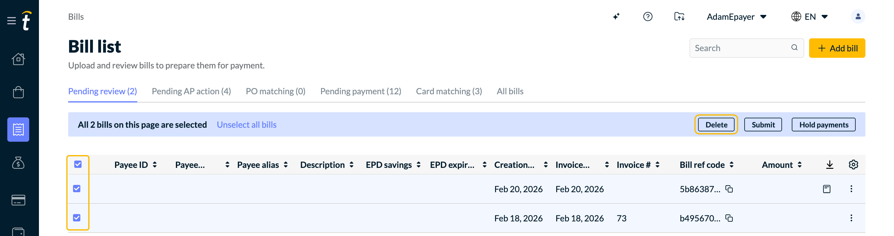 Checkboxes display on left and if selected, Delete displays on top of list on the right side, in a blue banner.