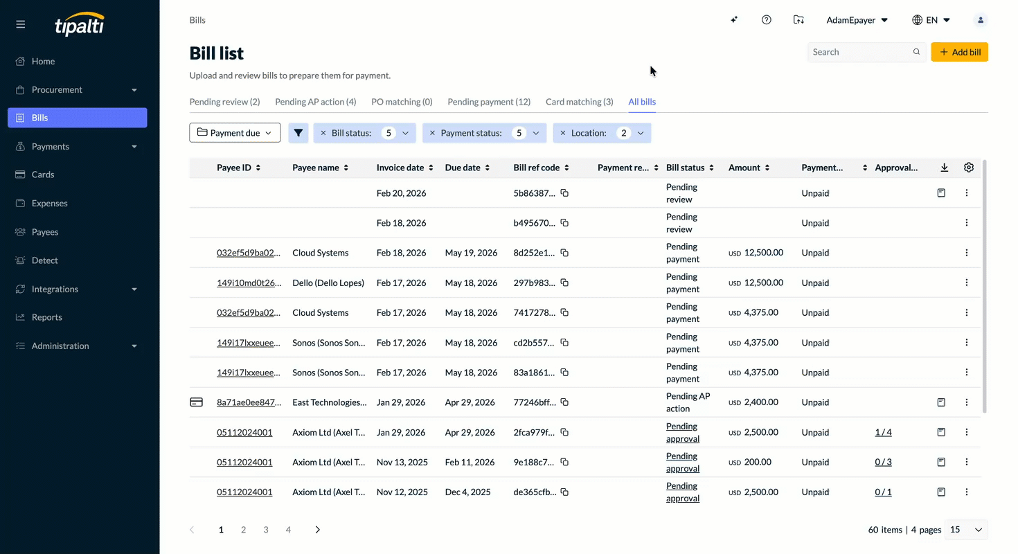 Open the bill and click the Activity tab on the right and then click the Audit tab at the top.