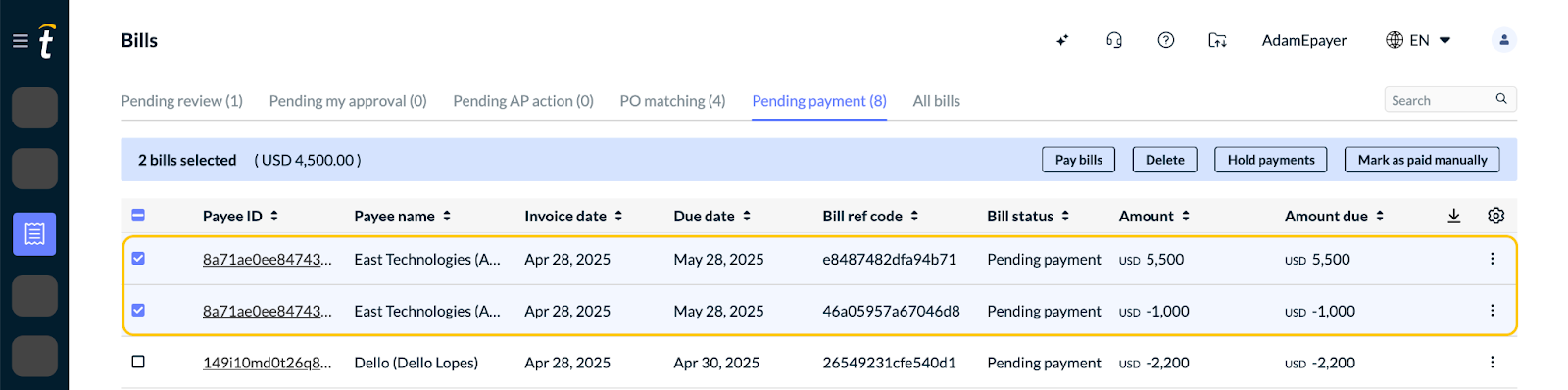 Pending payment list showing a negative bill applied as vendor credit