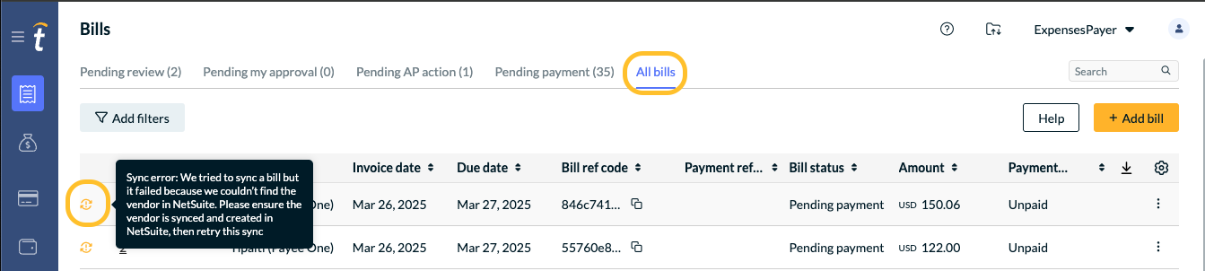 Bill list showing a sync error icon next to a bill and an error message tooltip on hover