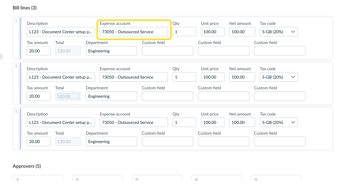 Expense account field on self-billing invoice