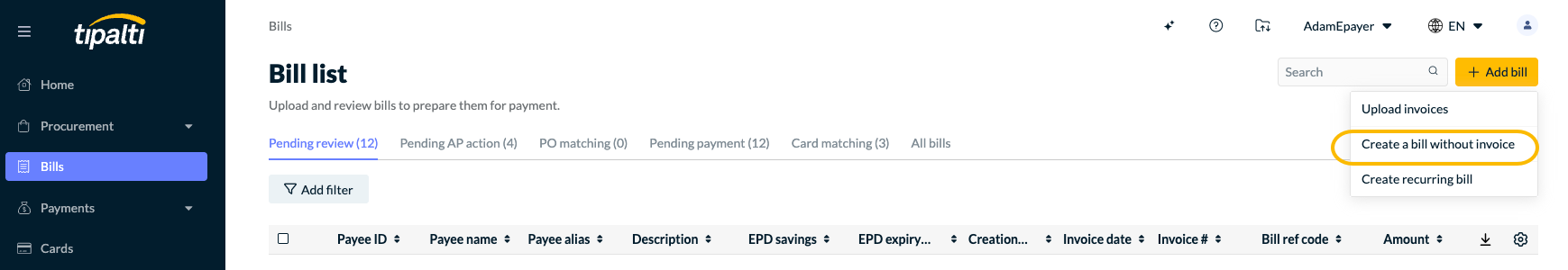 Create recurring bills without invoice