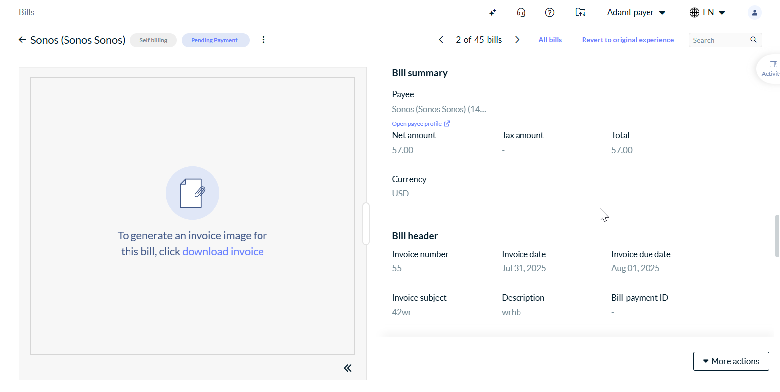 Invoice area on self-billed invoice