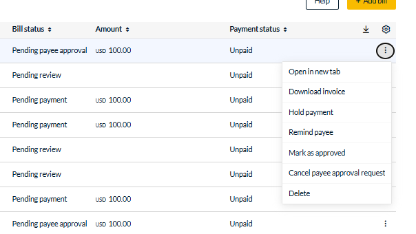 Supported self-billing actions