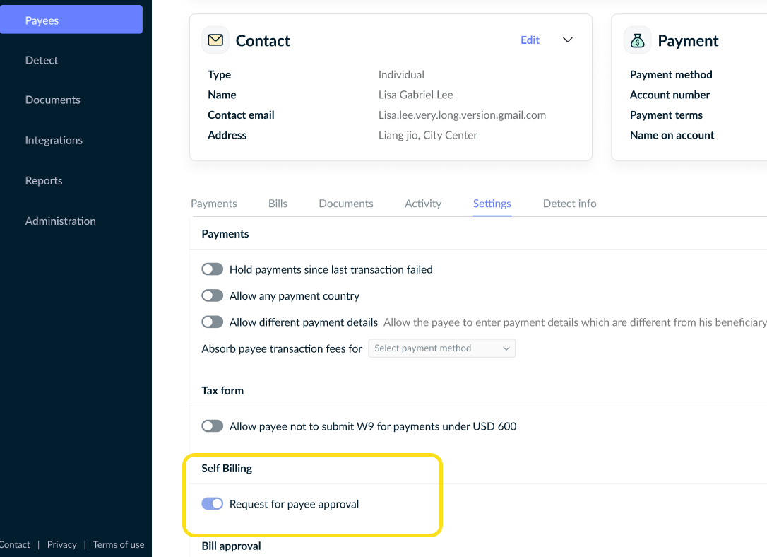 Request for payee approval setting