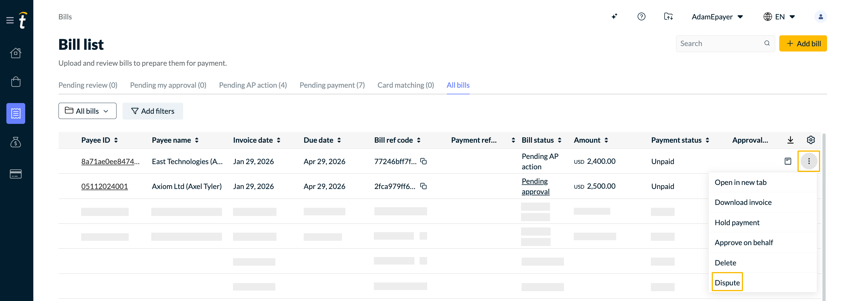 Bill details view showing the 3-dot menu in the top-right corner with the Dispute bill action selected