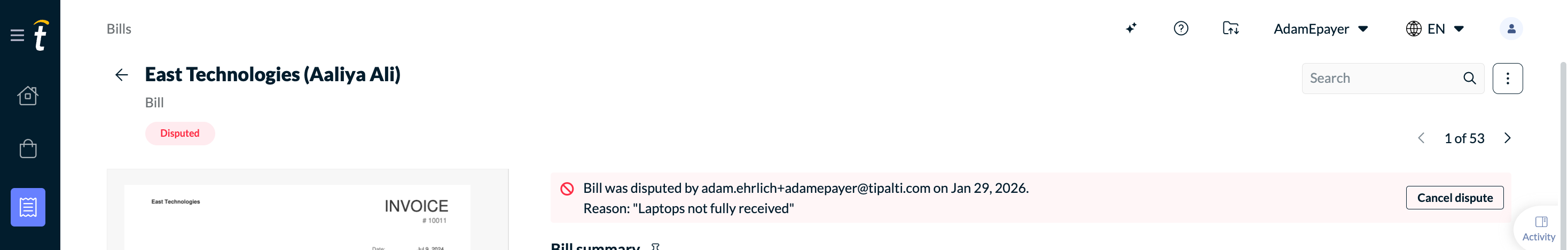 All bills list showing the 3-dot menu options with Cancel dispute available for a disputed bill