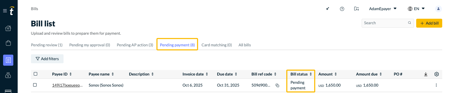 Tab and bill status show Pending payment. Click to open bill.