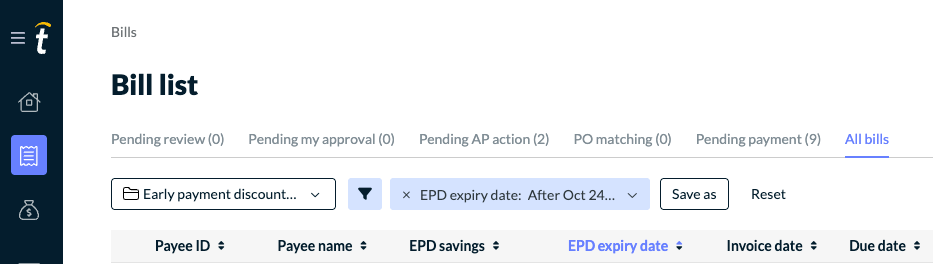 The filter appears automatically along with the EPD column headers.