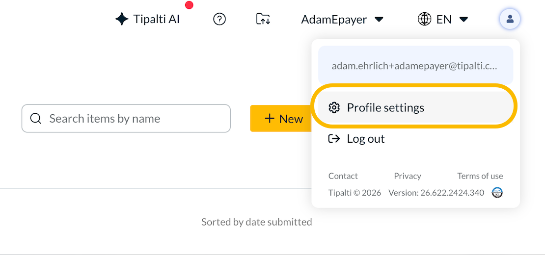 Profile settings menu in the Tipalti Hub