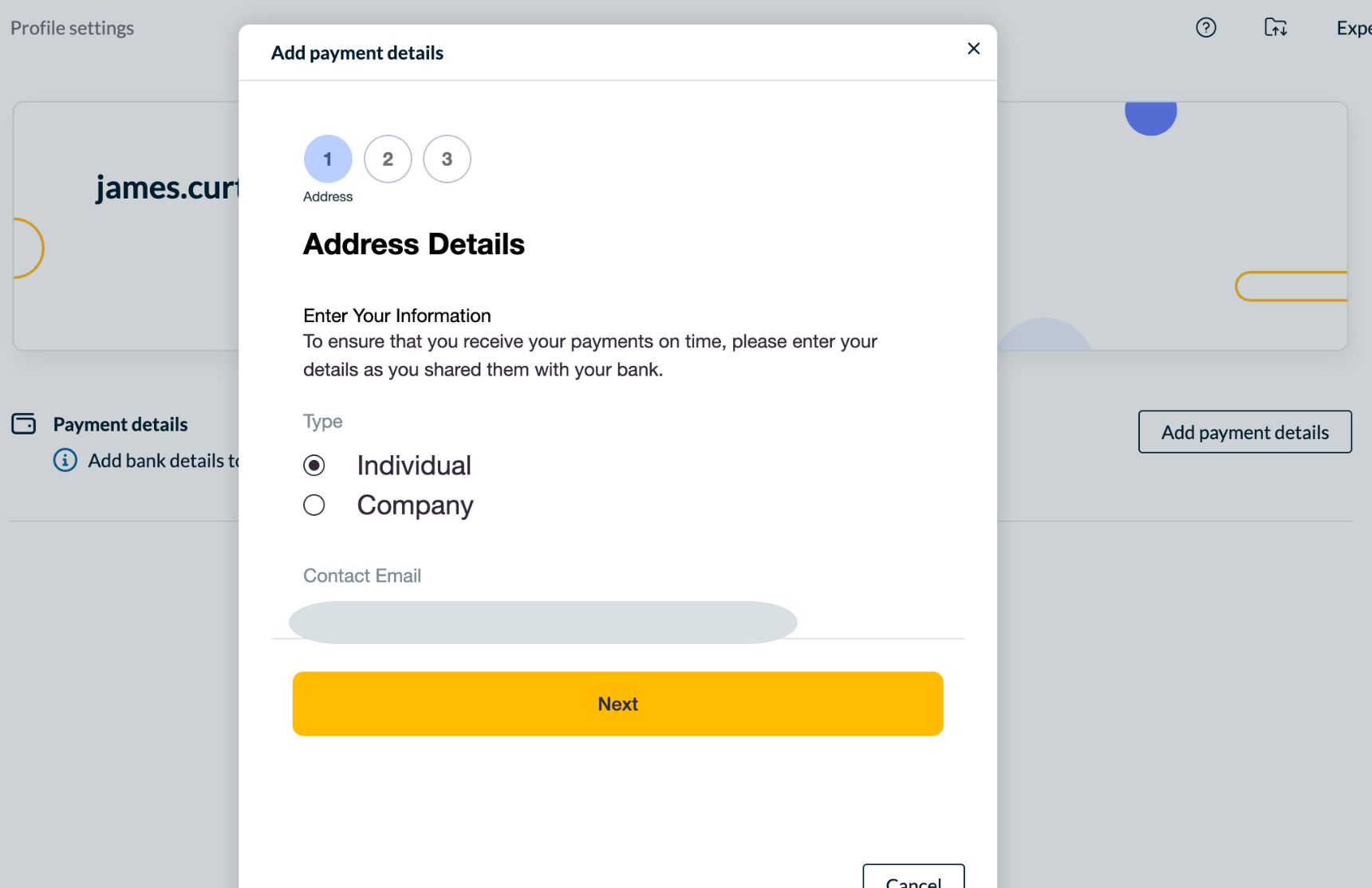Add payment details pop-up showing address details step