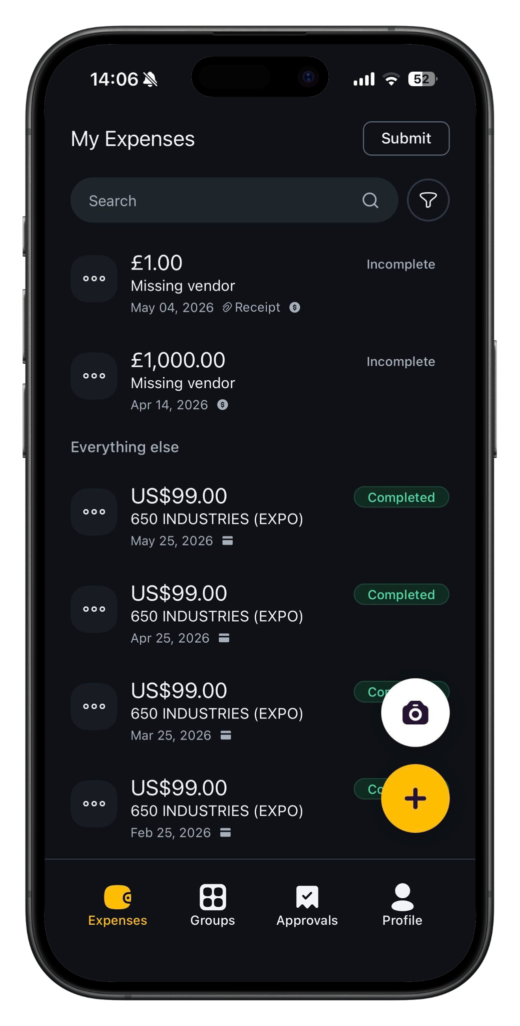 Tipalti Expenses app in dark mode