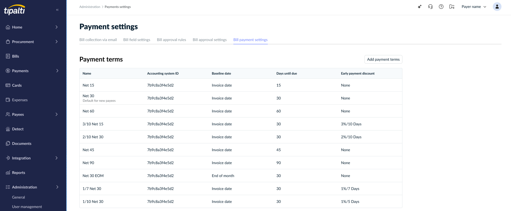 Payment terms table with Add payment terms button