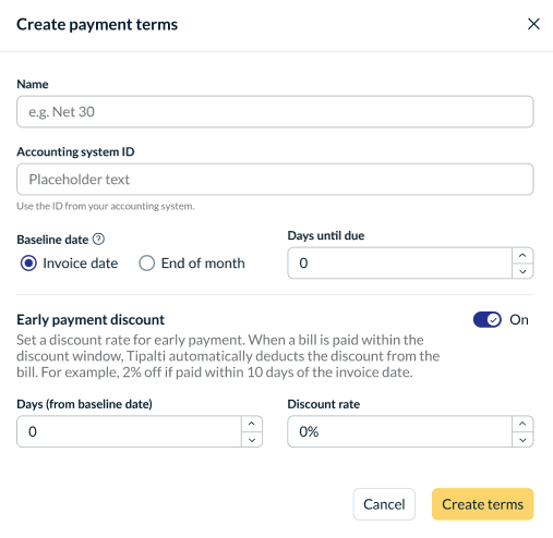 Create payment terms pop-up showing Baseline date radio buttons