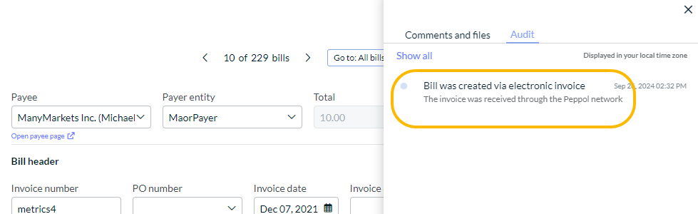 Generated PDF invoice attached to a bill created from an e-invoice