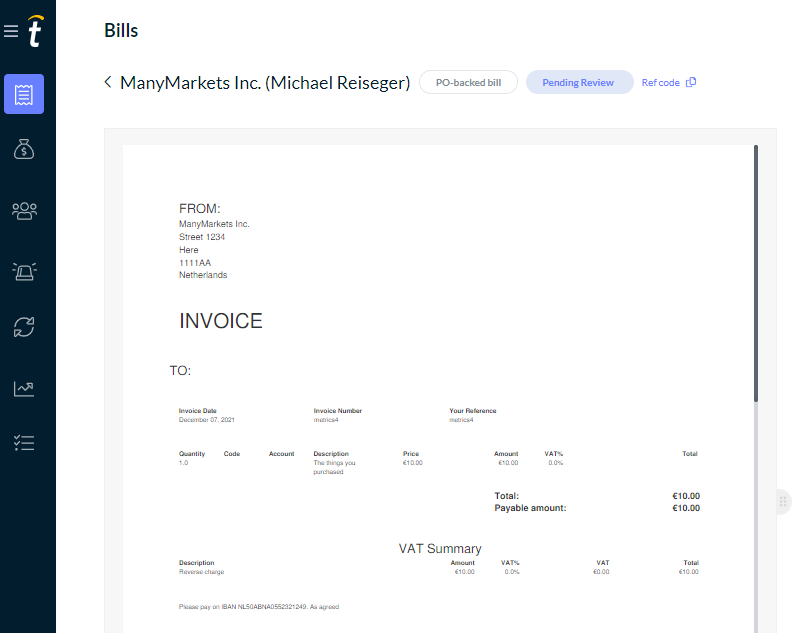 Bill audit entry showing the e-invoicing network the invoice was received from