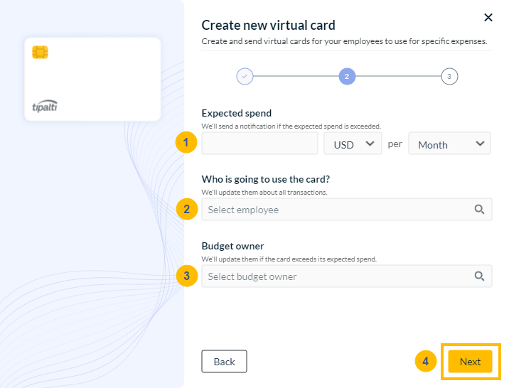 Create new virtual card step 2