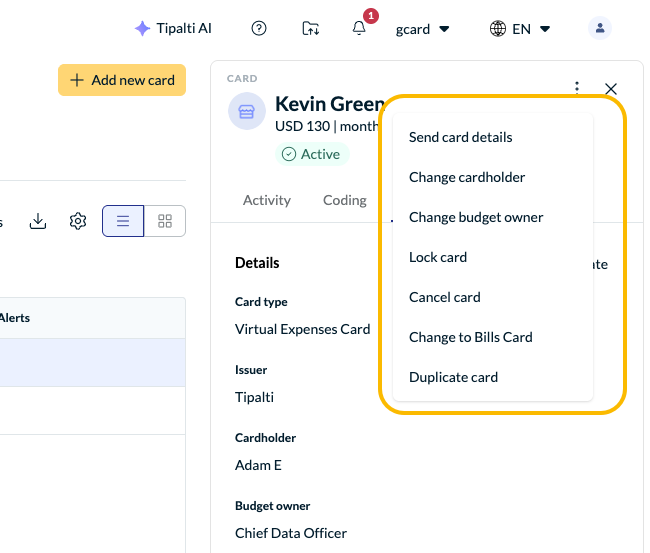 3-dot menu on a card showing the available update actions