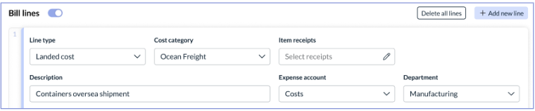Landed cost line type option and category dropdown on a bill line