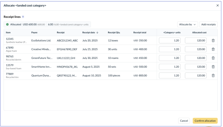 Landed cost allocation screen showing the split across item lines