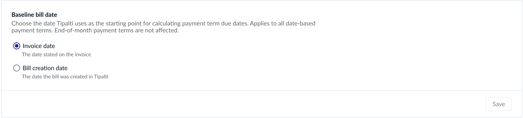 Payment terms settings with baseline date options: Invoice date and Bill creation date