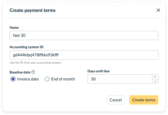 Create payment terms pop-up with Name, Accounting system ID, Baseline date, and Days until due fields