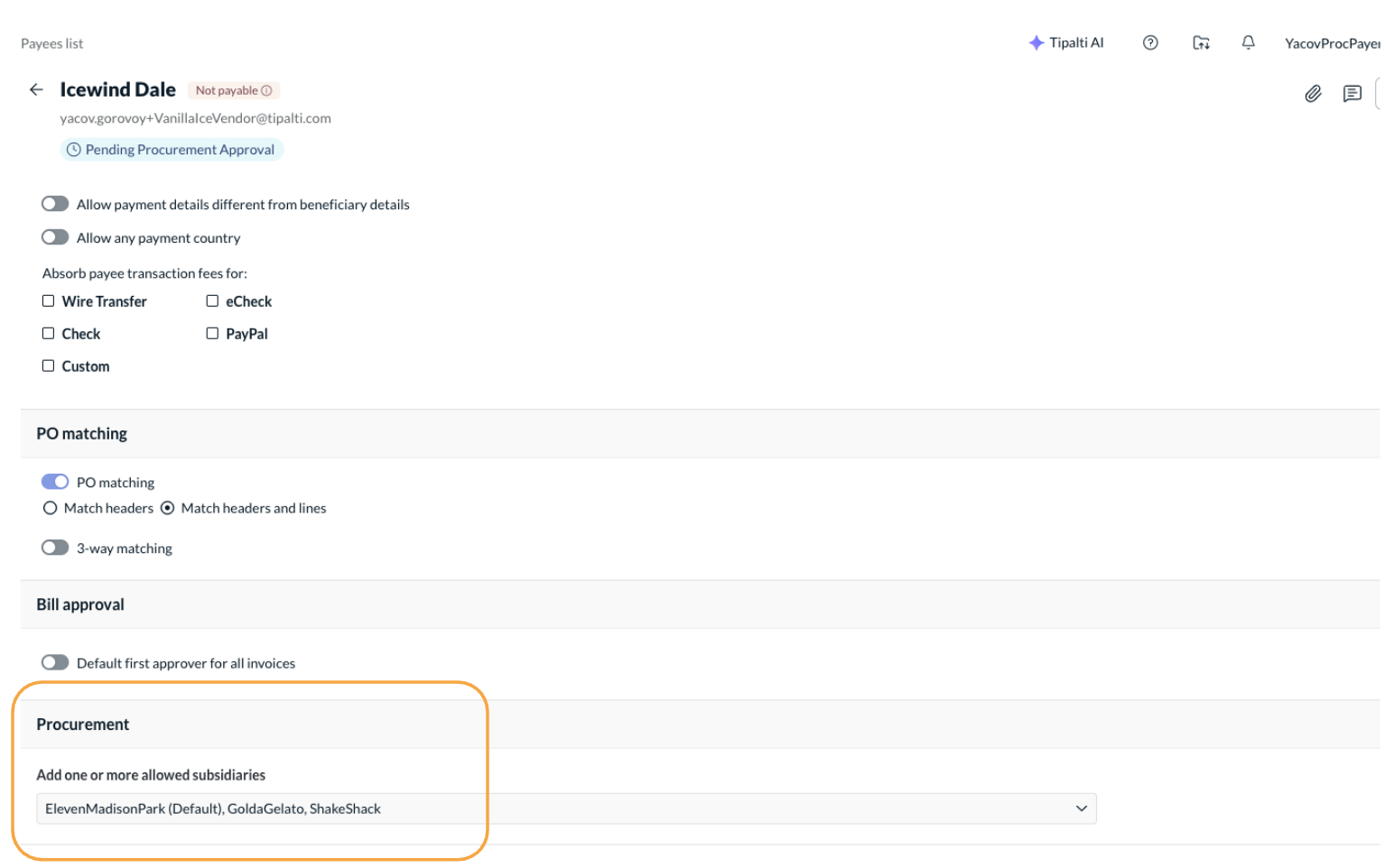 Procurement section of payee settings with the Allowed subsidiaries checklist