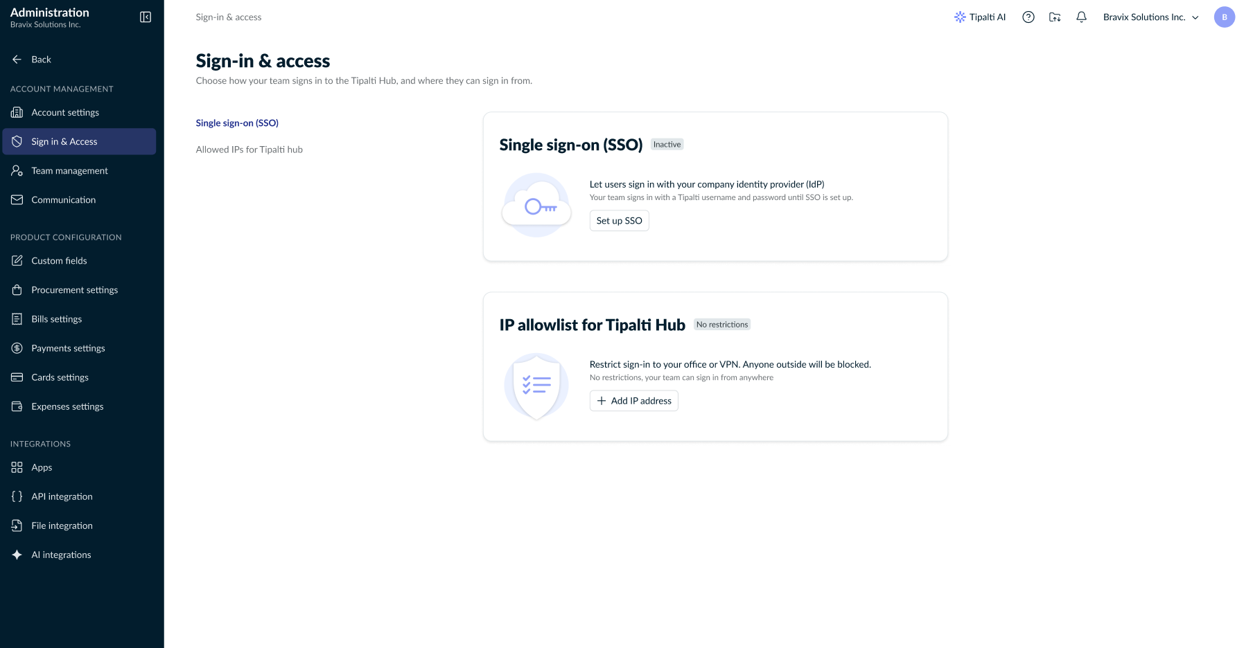 Sign in & Access page with the Activate Single Sign-On (SSO) toggle