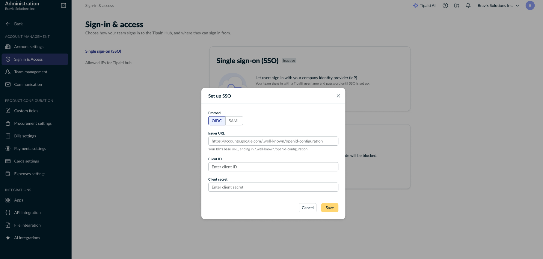OIDC SSO settings