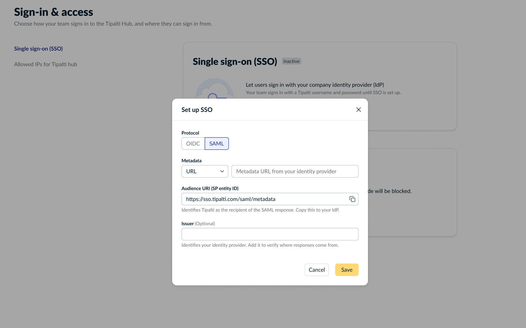SAML SSO settings